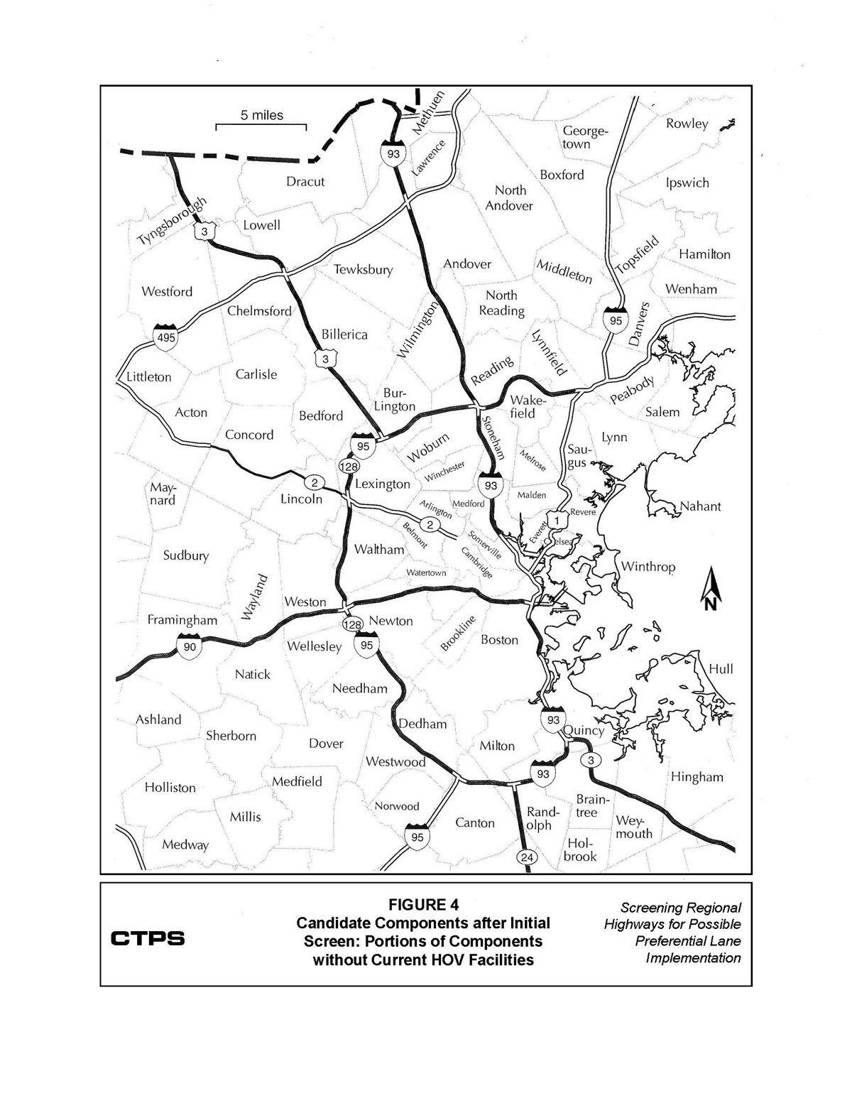 Figure 4 is a map of a portion of eastern Massachusetts extending from New Hampshire to Randolph, south of Boston. All express highways where a preferential lane was calculated to offer user benefits are located within this portion of eastern Massachusetts. Entire expressway components (between major interchanges) that include a candidate congested segment have been highlighted.