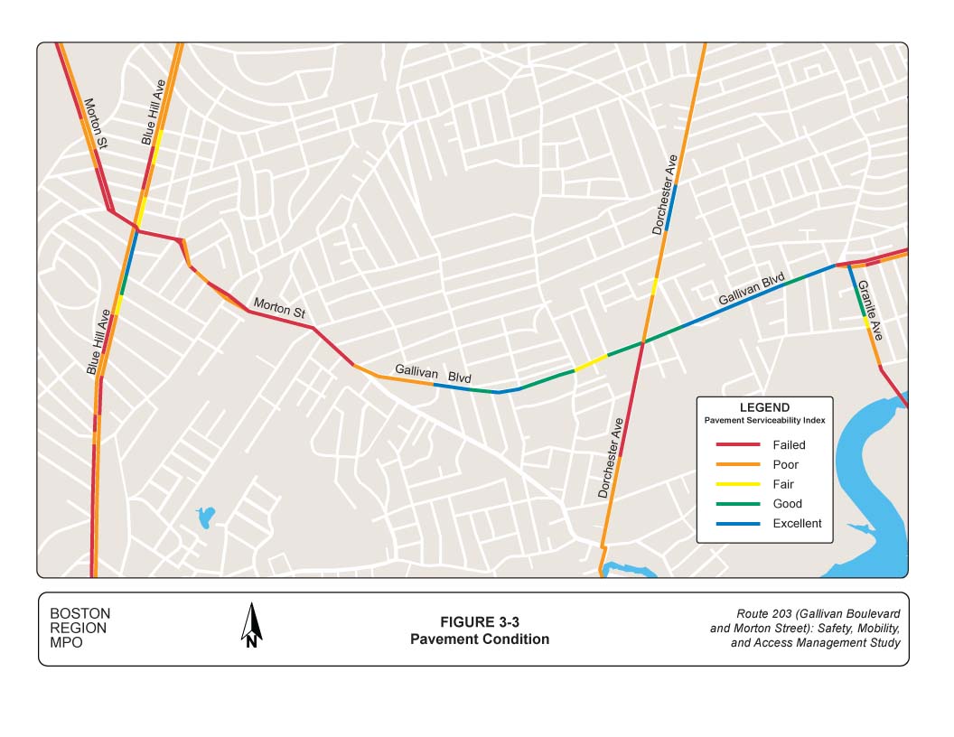 Figure 3-3 Map showing the pavement conditions of Gallivan Boulevard and Morton Street. 