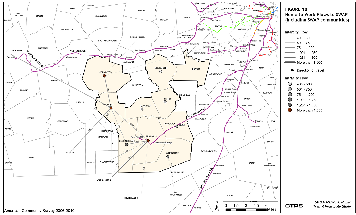 FIGURE 10. This is a map that illustrates both inter- and intra-city daily commuter trips of 400 to more than 1,500 people going TO work locations within SWAP communities. 