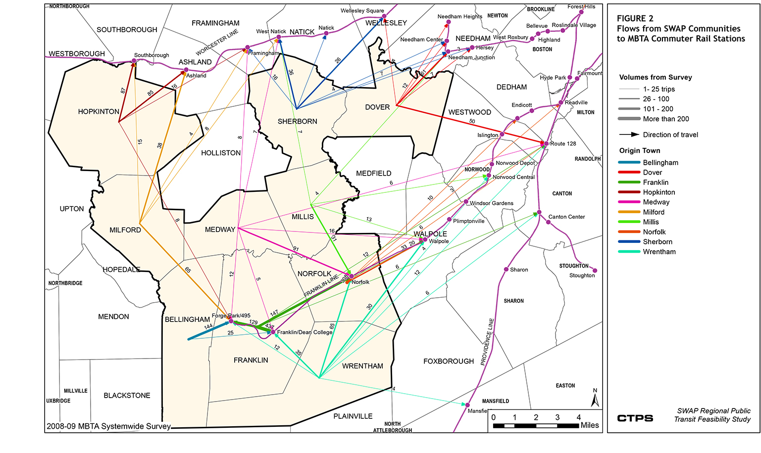 FIGURE 2. This is a map that illustrates commuter trips from SWAP Communities to MBTA Commuter Rail Stations. It shows the number of passengers from each SWAP community commuting to each specific commuter rail station.