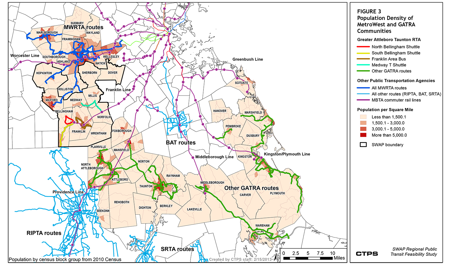 FIGURE 3. This is a map that illustrates the population densities of the entire coverage areas of both MetroWest and Greater Attleboro Taunton Regional Transit Authority (GATRA). It shows that, there are fewer areas of dense population in SWAP than there are in the overall coverage areas of MetroWest and GATRA. 