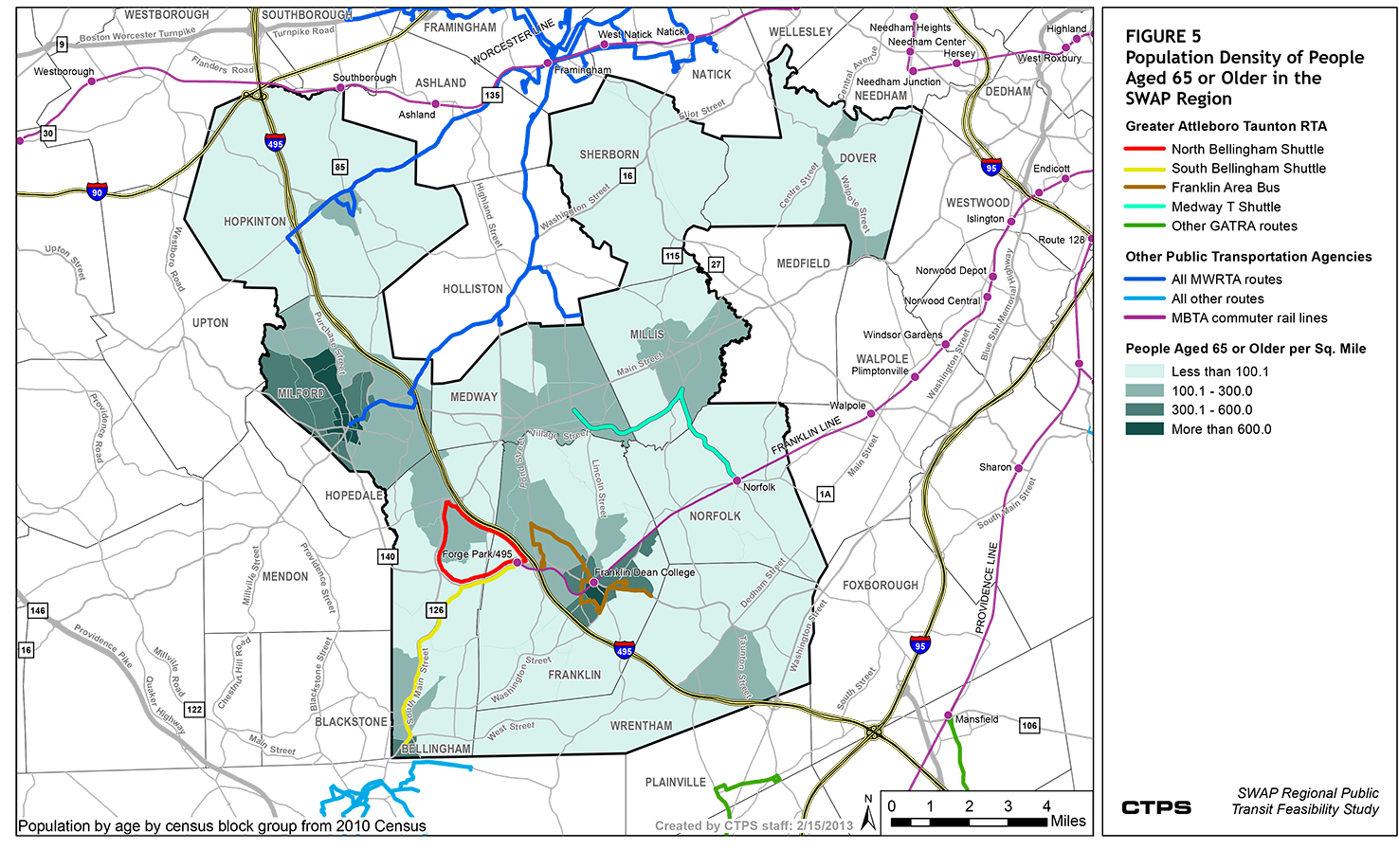 FIGURE 5. This is a map that illustrates the population densities for residents aged 65 or older in the SWAP subregion. It shows that the population density for people aged 65 or older somewhat matches the patterns in total population density for the SWAP subregion, with Franklin and Milford having some of the greatest concentration of population in this age group.