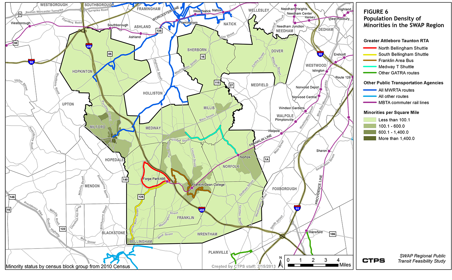 FIGURE 6. This is a map that illustrates the population densities for minority communities within the SWAP subregion. It shows that Franklin and Milford have the greatest concentration of minority populations in the SWAP subregion.