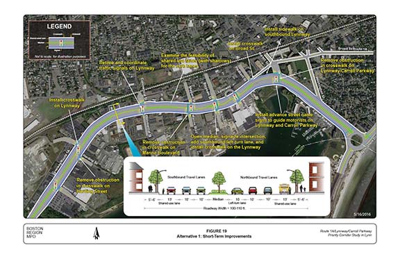 FIGURE 19. Aerial-view map and computer-drawn roadway cross-section that portrays MPO staff “Alternative 1,” which recommends short-term improvements, such as opening the median at Blossom Street, retiming and coordinating traffic signals, removing obstructions in crosswalks, and reconfiguring curbside lanes into shared-use lanes.
