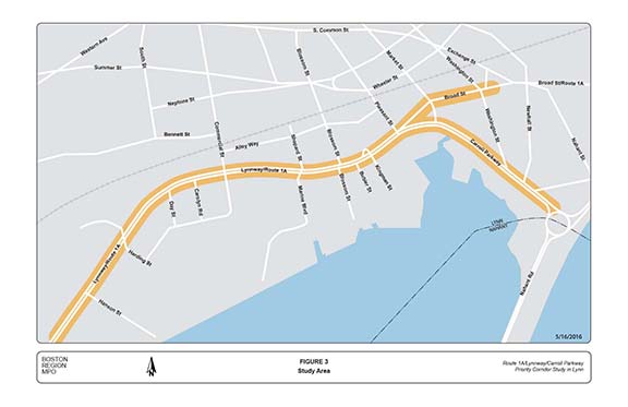 FIGURE 3. Computer-drawn map of the study-area roadways including the Lynnway and Carroll Parkway.
