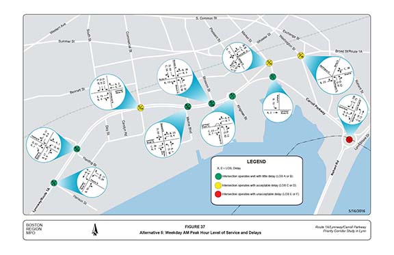 FIGURE 37. Computer-drawn map with graphics showing the results of the traffic operations analyses at the major intersections for Alternative 5 in terms of level of service and delays for the weekday AM peak hour.