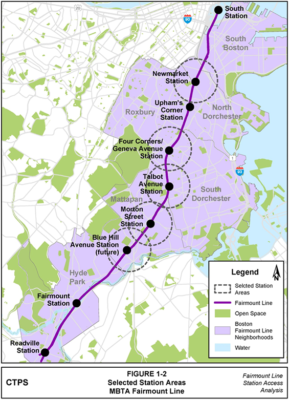 Figure 1-2, Selected Station Areas—MBTA Fairmount Line: Figure 1-2 (portrait orientation) presents a map of the Fairmount station areas selected for study. These stations, from north to south, are Newmarket Station, Four Corners/Geneva Avenue Station, Talbot Avenue Station, Morton Street Station, and Blue Hill Avenue Station (future).