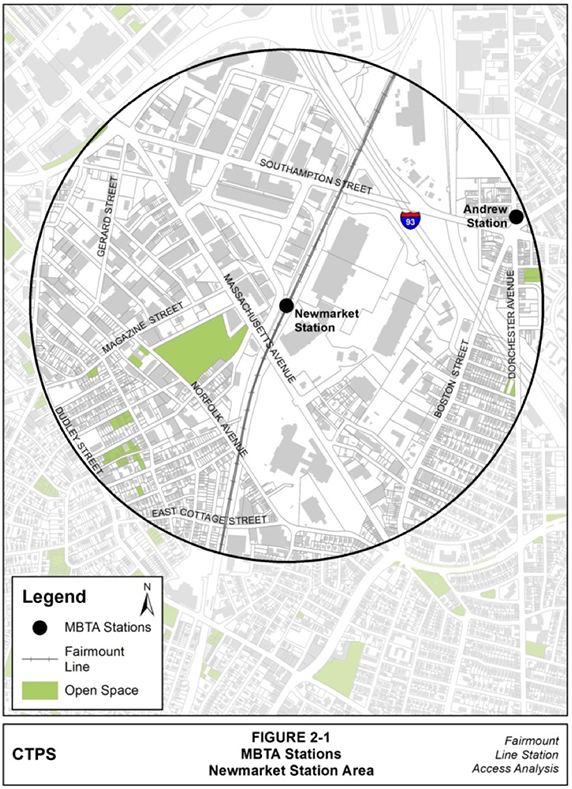 Figure 2-1, MBTA Stations—Newmarket Station Area: Figure 2-1 (portrait orientation) presents a map of the Newmarket station area that illustrates where the Fairmount Line’s Newmarket Station and the Red Line’s Andrew Station are located.