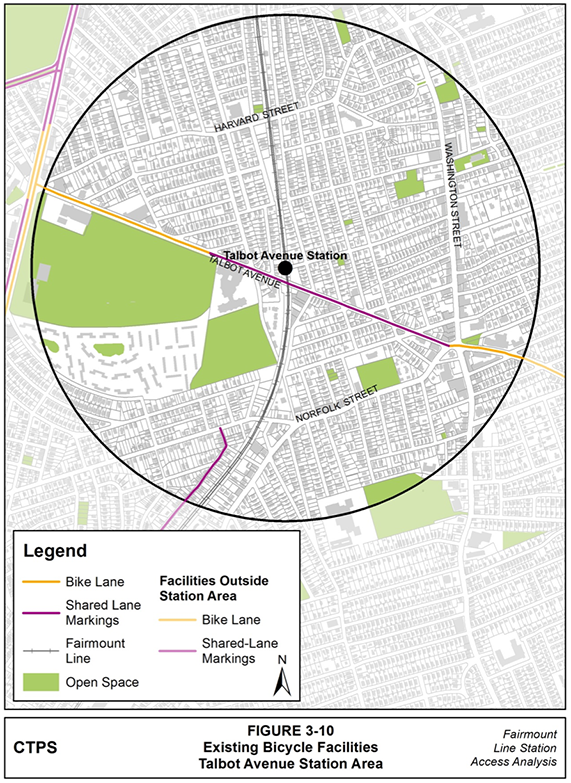 Figure 3-10, Existing Bicycle Facilities—Talbot Avenue Station Area: Figure 3-10 (portrait orientation) presents the existing bicycle facilities in the Talbot Avenue station area as documented in the Boston Bike Network Plan.