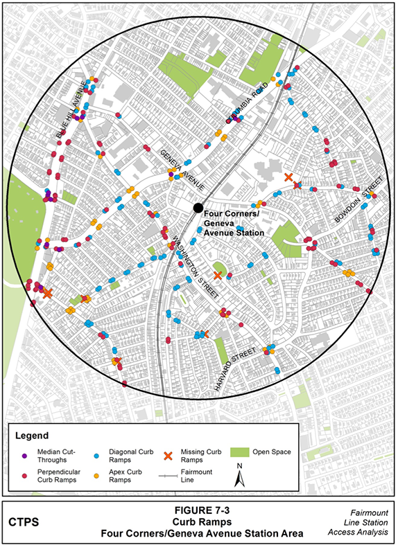 Figure 7-3, Curb Ramps—Four Corners/Geneva Avenue Station Area: Figure 7-3 (portrait orientation) presents a map of the locations where MPO staff observed ramps when conducting field work in the Four Corners/Geneva Avenue station area. The map differentiates between types of curbs using colors and symbols.