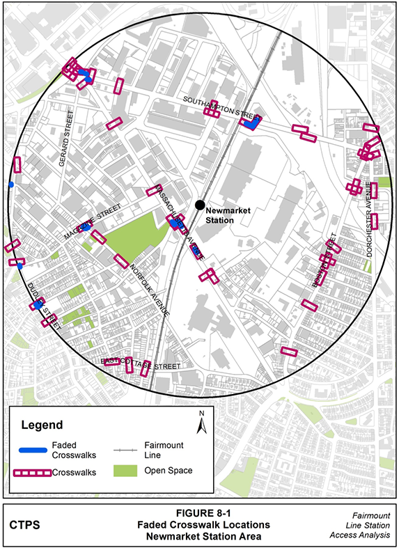 Figure 8-1, Faded Crosswalk Locations—Newmarket Station Area: Figure 8-1 (portrait orientation) presents a map of the locations where MPO staff observed faded crosswalk markings when conducting field work in the Newmarket station area.