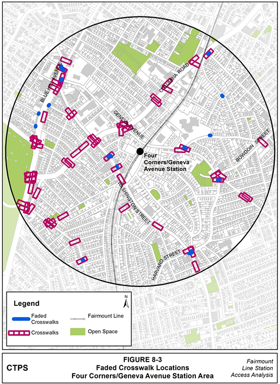 Figure 8-3, Faded Crosswalk Locations—Four Corners/Geneva Avenue Station Area: Figure 8-3 (portrait orientation) presents a map of the locations where MPO staff observed faded crosswalk markings when conducting field work in the Four Corners/Geneva Avenue station area.