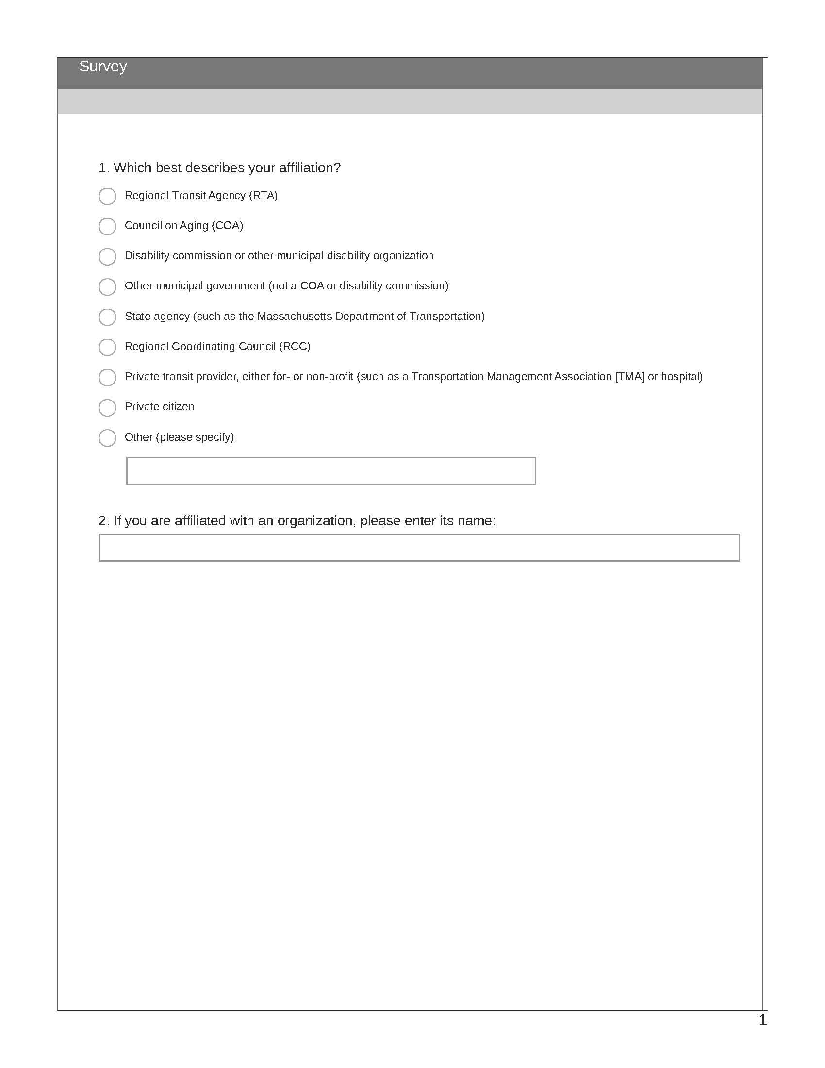 Page 1 of 5. This figure shows the survey used to get public input during phase two of Coordinated Plan public outreach.