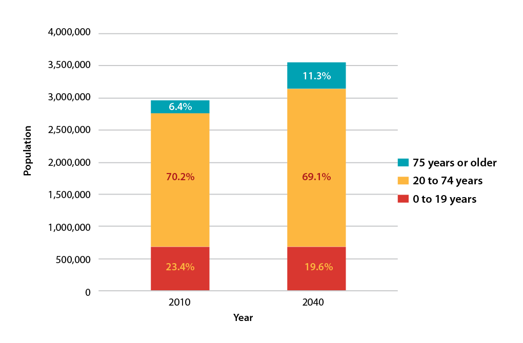 Figure 8-8 is a bar chart that shows the population and percent of population of people 75 years or older, 20 to 74 years, and 0 to 19 years for 2010 and 2040. 