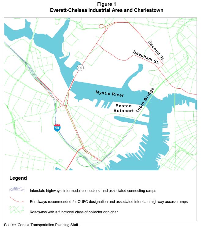 FIGURE 1. Everett-Chelsea Industrial Area and Charlestown
This figure is a map of important roadways in Charlestown and parts of Everett and Chelsea near the Mystic River.
