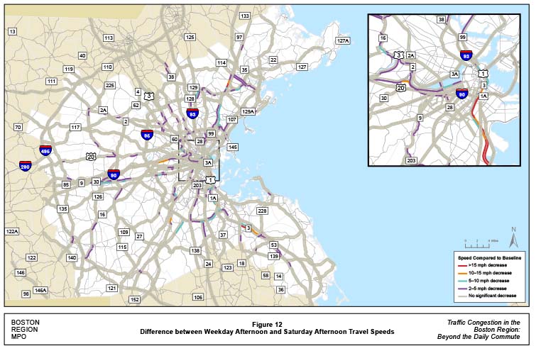 Figure 12 shows the change in travel speeds on Saturday afternoons, versus weekday afternoon speeds (baseline). Locations that experienced a travel speed decrease of more than 15 miles per hour are indicated by a red line. Locations that experienced a travel speed decrease of between 10 miles per hour and 15 miles per hour are indicated by an orange line. Locations that experienced a travel speed decrease of between five miles per hour and 10 miles per hour are indicated by a blue line. Locations that experienced a travel speed decrease of between two miles per hour and five miles per hour are indicated by a purple line. Locations that experienced no significant travel speed decrease are indicated by a grey line.