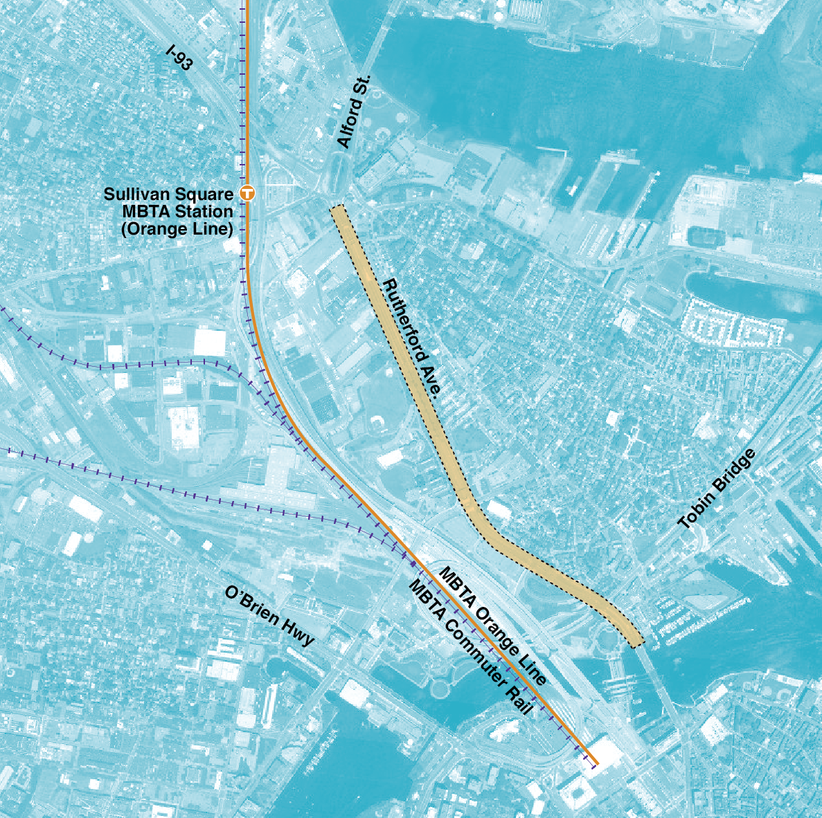 Figure 4-2. Rutherford Avenue/Sullivan Square Project Area
Figure 4-2 is a map of Rutherford Avenue, the MBTA Orange Line, the MBTA Commuter Rail, Sullivan Square MBTA Station, Interstate 93, Alford Street, O’Brien Highway, the Tobin Bridge and the surrounding landscape.
