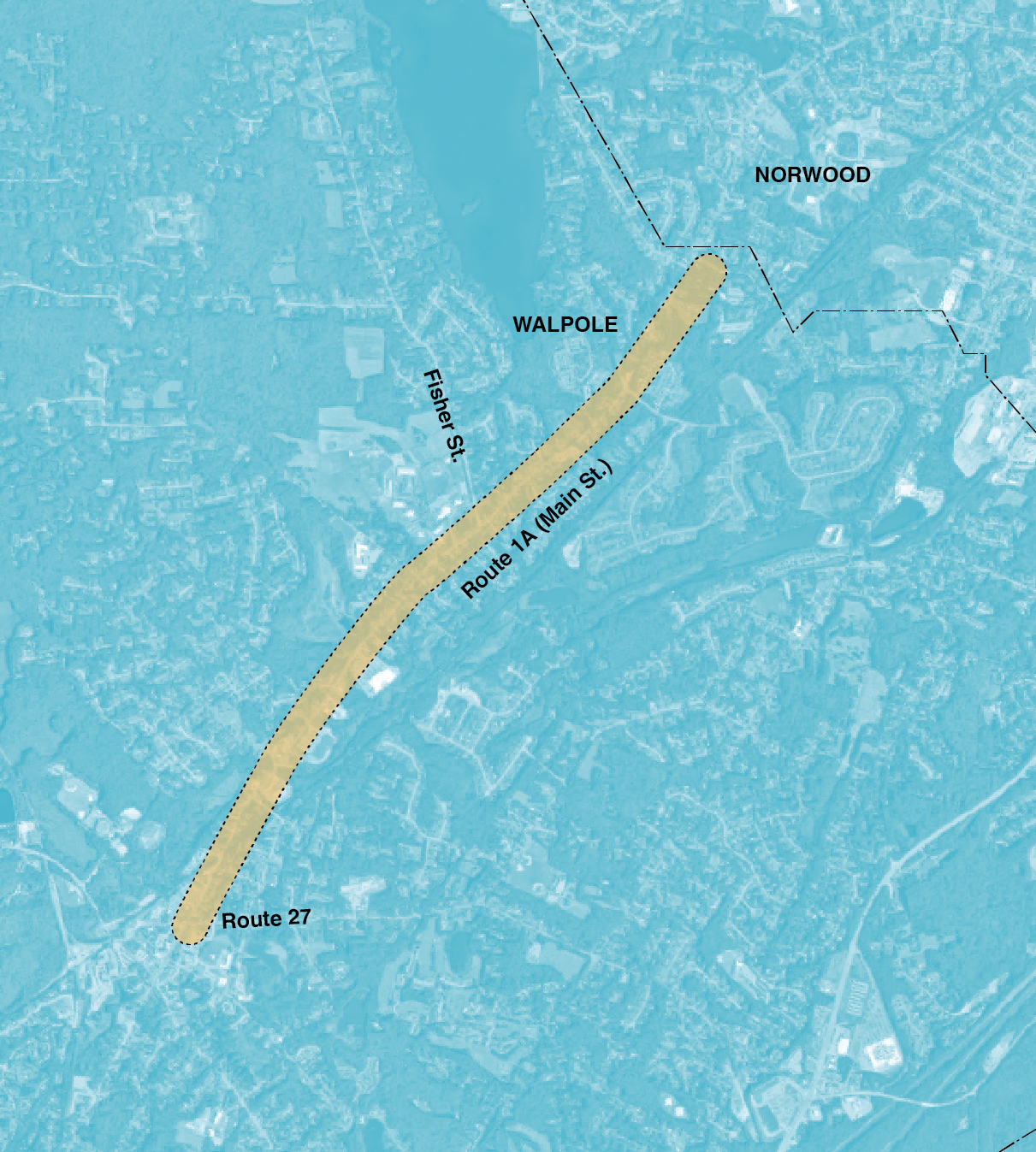 Figure 4-9. Route 1A Reconstruction Project Area
Figure 4-9 is a map of Route 1A (Main Street), Fisher Street, Route 27, and the surrounding areas of Walpole and Norwood.
