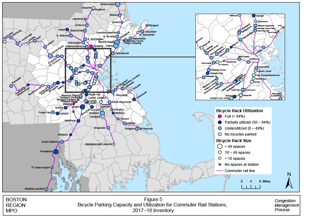 Figure 5 Bicycle Parking Capacity and Utilization for Commuter Rail Stations, 2017–18 Inventory

This is a full-page, color-coded map in landscape format of the park-and-ride lots in the study area. It cites the bicycle parking capacity and utilization for commuter rail stations from the 2017–18 inventory, according to bicycle rack utilization. Magenta represents full (more than 84 percent), dark blue represents partially utilized (50 percent to 84 percent), light blue represents underutilized (0 percent to 49 percent), and light green represents no bicycles parked. The map key also includes bicycle rack size where large clear bullet equals more than 49 spaces, medium clear bullet equals 10 to 49 spaces, and small clear bullet equals less than 10 spaces. Other map keys are: a gray shaded square bullet represents no spaces at station, and a magenta line represents the commuter rail line.
