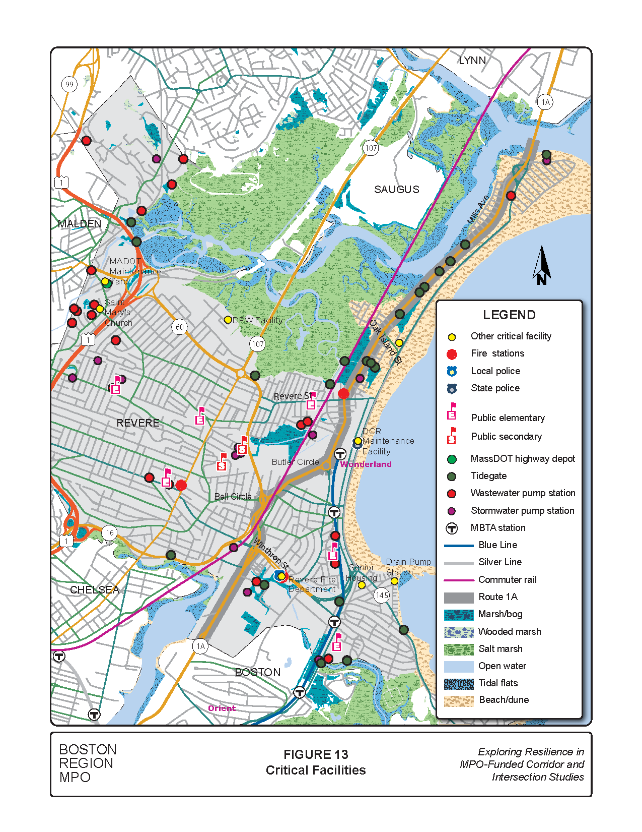 Figure 13 is a map of the study area showing critical facilities including police and fire stations, storm and wastewater pump stations, and schools.