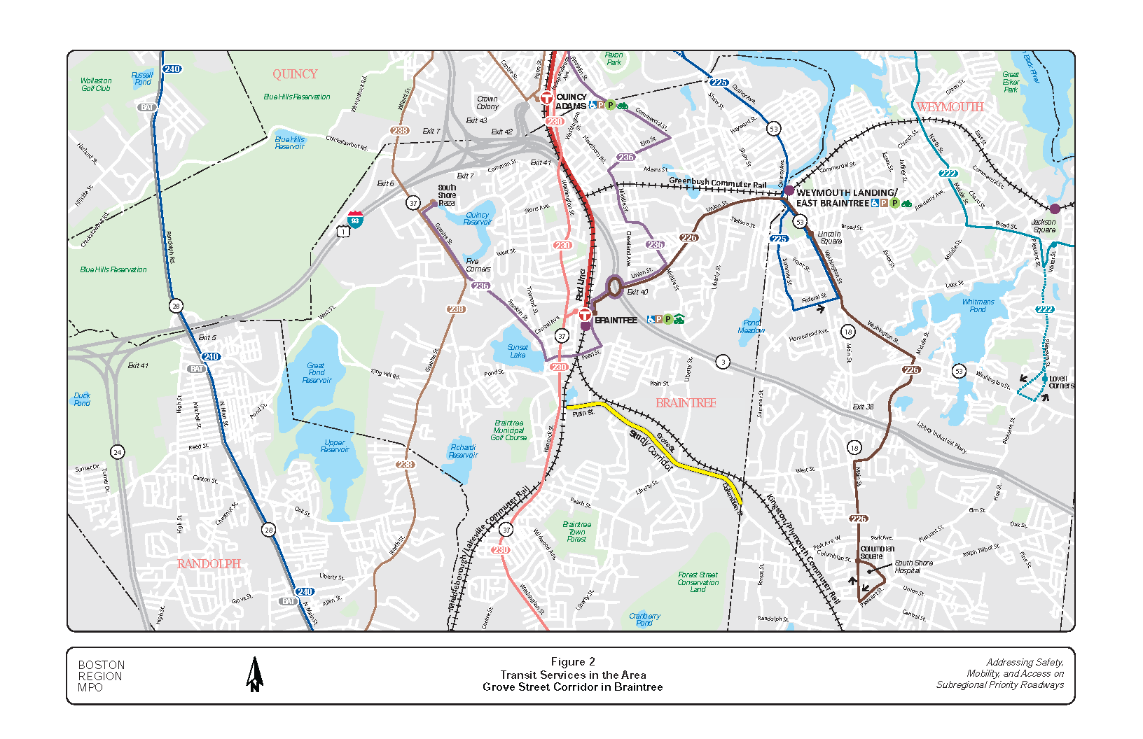 This figure shows regional and subregional transit services in the areas adjacent to the study corridor.