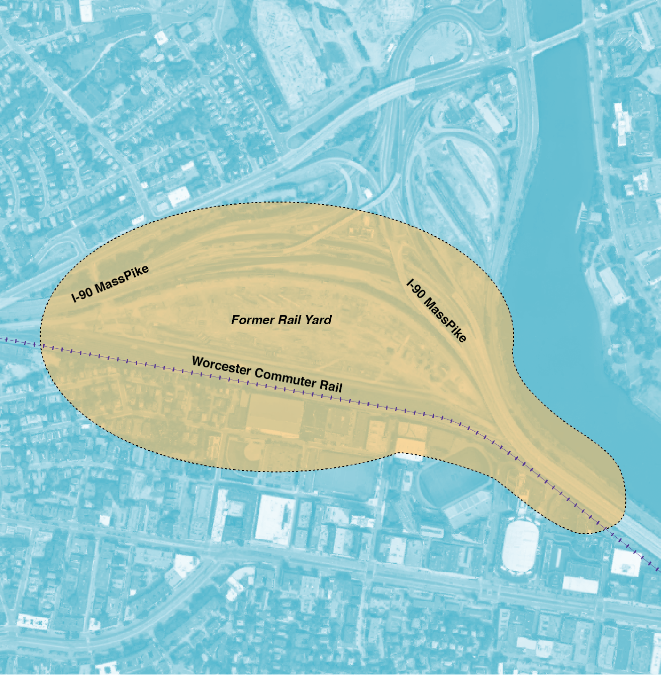 Figure 4-12. Allston Multimodal Project Area
Figure 4-12 is a map of Interstate 90, the former rail yard in Allston, and the Worcester commuter rail line.
