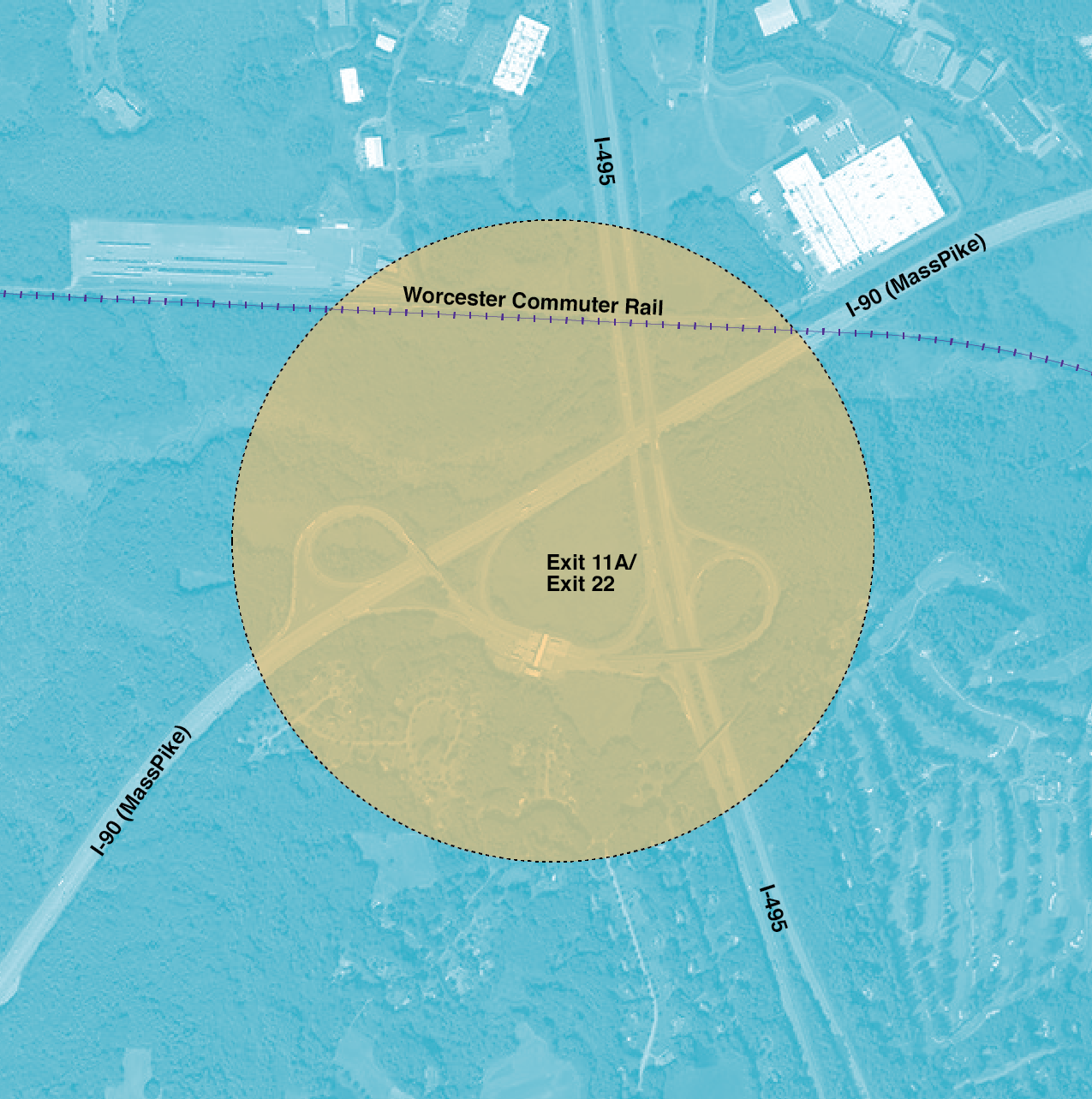 Figure 4-13. Reconstruction of Interstate 90 and Interstate 495 Interchange Project Area
Figure 4-13 is a map of the the Worcester commuter rail line, Interstate 90, Interstate 495, and Exit 11A/Exit 22.
