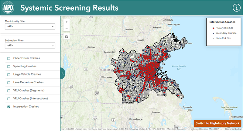 A screenshot of the on-line systemic screening results analysis tool which allows users to search on various subregions, municipalities, and emphasis areas described in the Boston Region MPO Vision Zero Action Plan. This figure shows the filter options on the left-hand side with a map of the region with dropped pins on roads with safety concerns on the right-hand side of the screen.