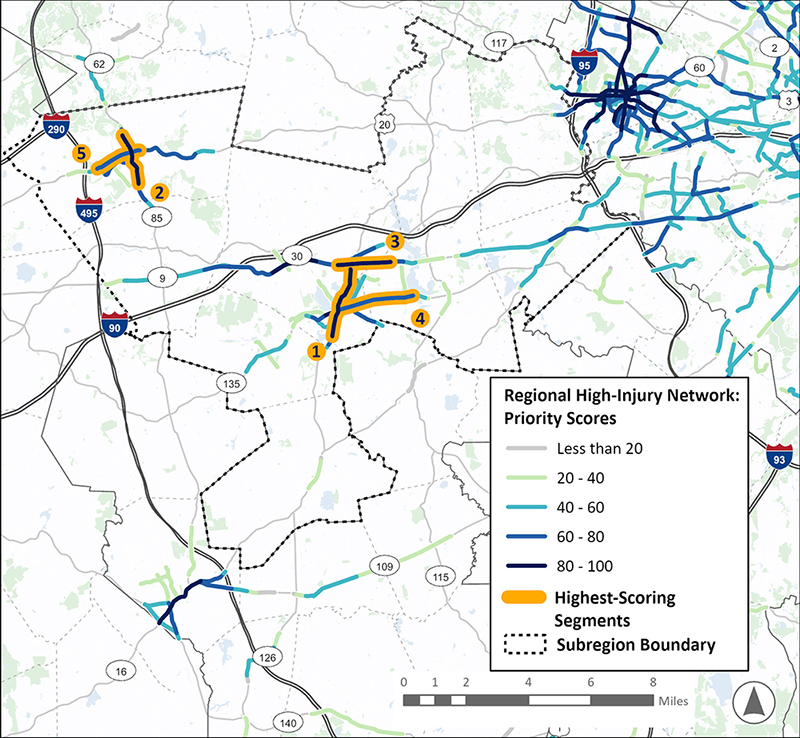 A map of the MetroWest Regional Collaborative (MetroWest) Subregion, consisting of communities to the immediate west of Boston. A Prioritized Regional High Injury Network, consisting of highlighted highest-scoring roadway segments, is overlayed on the map. This area has high-scoring segments in Marlborough, Framingham, and Wellesley.