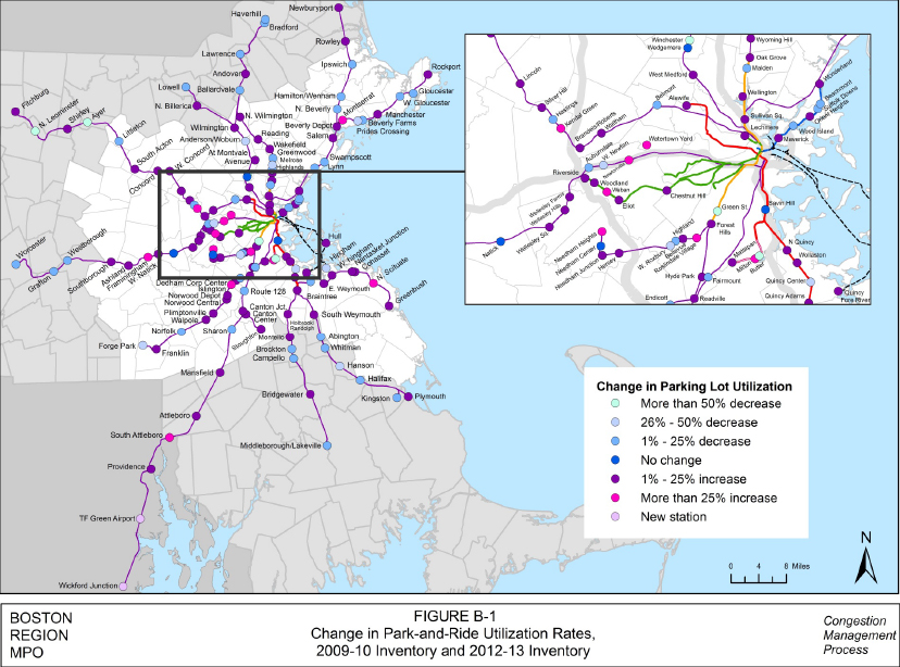 FIGURE B.1. Change in Park-and-Ride Utilization Rates, 2009–10 Inventory and 2012–13 Inventory
This is a full-page, color-coded map in landscape format of the park-and-ride lots in the study area. It shows the change in parking lot utilization as follows: pale green = more than 50% decrease; pale blue = 26%-to-50% decrease; sky blue = 1%-to-25% decrease; royal blue = no change; magenta = 1%-to-25% increase; bright pink = more than 25% increase; and pale pink = new station. 
