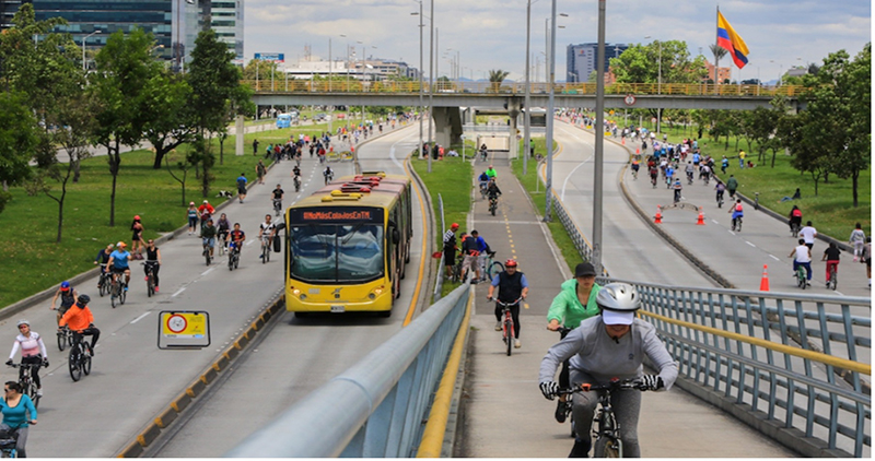 Street temporarily closed to cars and filled with people walking, biking, and taking
transit during Ciclovía.