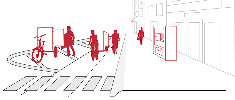 Illustration of cargo e-bikes loading, unloading, and transporting goods along a
bike lane in an urban street.