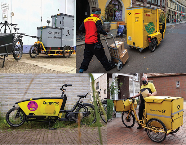 Collage of cargo bike types, including a Dutch box bike with trailer, cargo trike,
Dutch box bike, and three-wheeled e-trike.