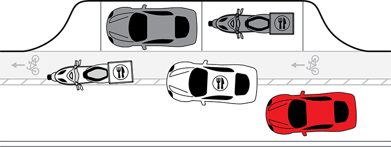 Food delivery car and scooter double-parked, blocking both the bike lane and
travel lane, obstructing cyclists and vehicle traffic.