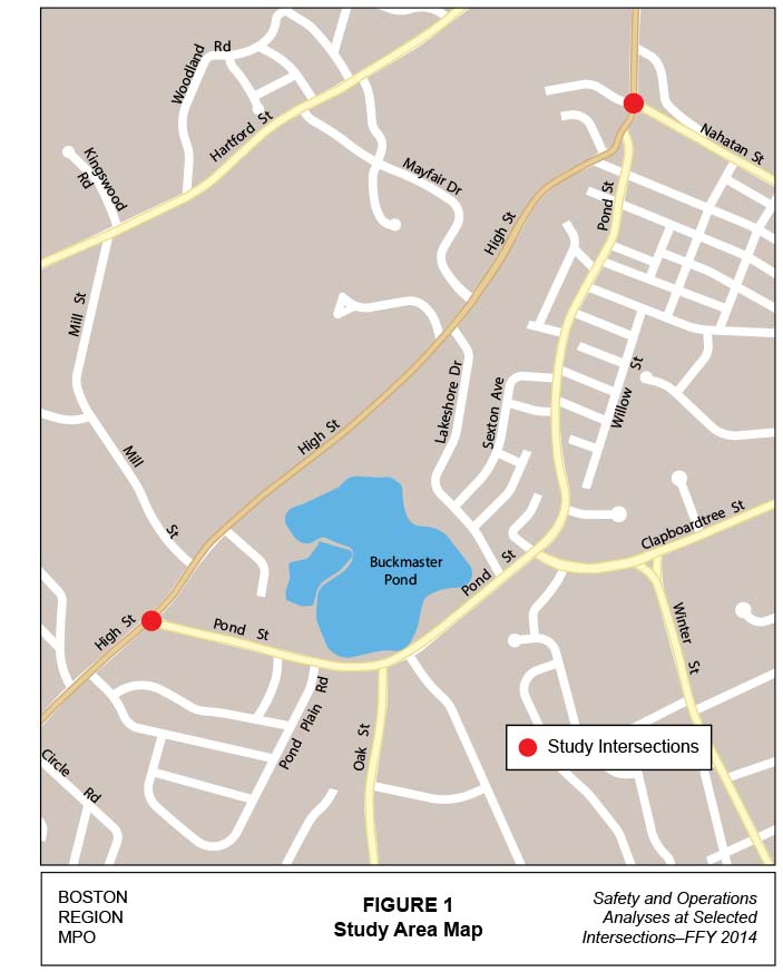 FIGURE 1. Computer-drawn map showing locations of the study intersections and nearby streets