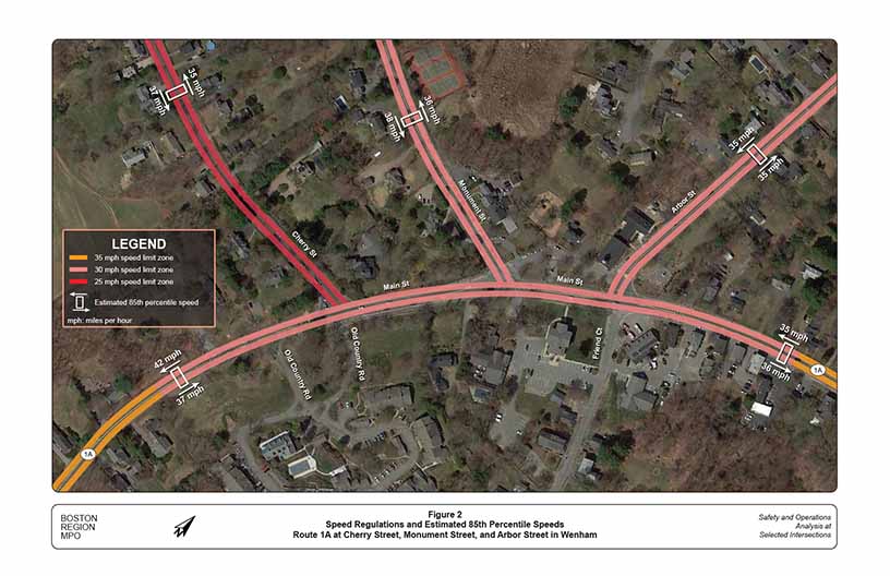 Figure 2: Speed Regulations and Estimated 85th Percentile Speeds
This figure shows speed limits and 85th-percentile observed speeds within the study area.

