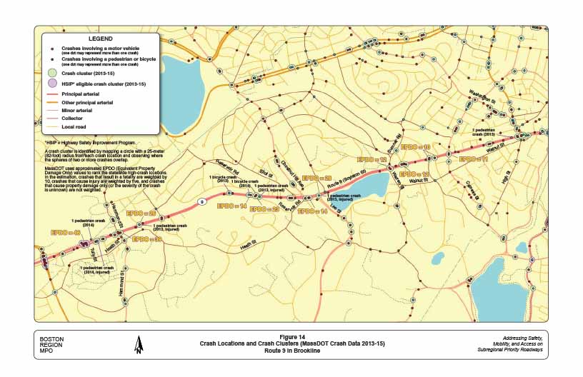 Figure 14. Crash Locations and Crash Clusters (MassDOT Crash Data 2013-15)
This figure shows the location of each crash and crash cluster within the study area between 2013 and 2015, including those clusters eligible for the Highway Safety Improvement Program (HISP).
