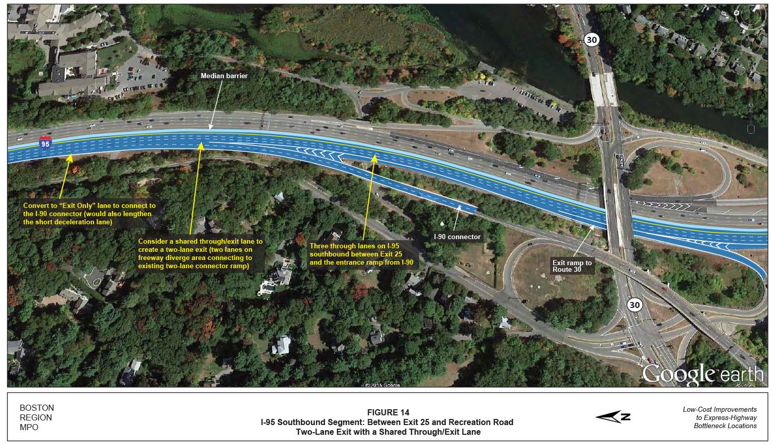 FIGURE 14. Aerial-view map showing an alternative improvement: a shared through and exit lane in addition to the Exit Only lane