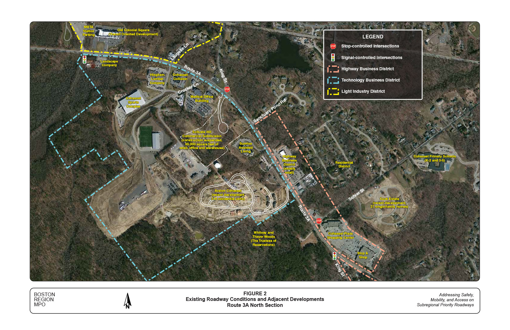 Figure 2 is an aerial view map that depicts the existing roadway conditions and adjacent developments in the north section of the study corridor.