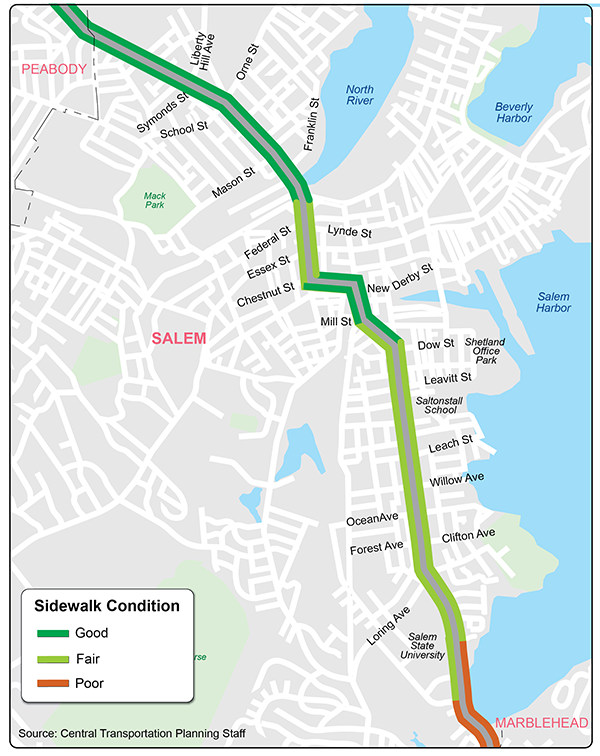 Figure 9 shows the locations and conditions of the sidewalks.