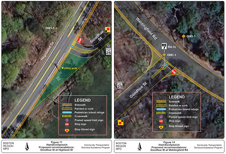 Image excerpted from study showing aerial photography of one of the Swampscott intersections with one alternative set of proposed changes overlaid