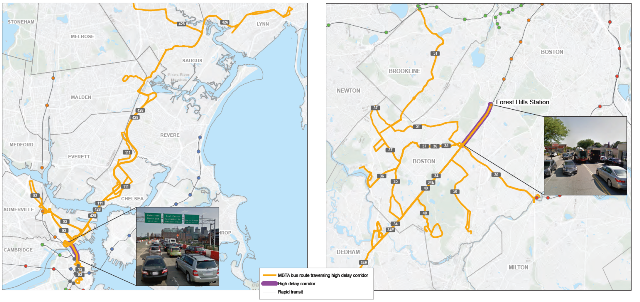 These maps show the bus routes that traverse North Washington Street and Washington Street, both identified as corridors where buses experience significant delays.