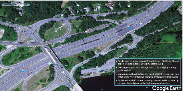 An overhead photograph of existing conditions at I-95 northbound and the I-90 interchange in Weston.