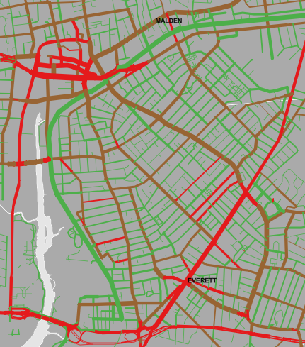 High and low stress route segments in Malden and Everett, including the location of two upcoming MPO funded construction projects.