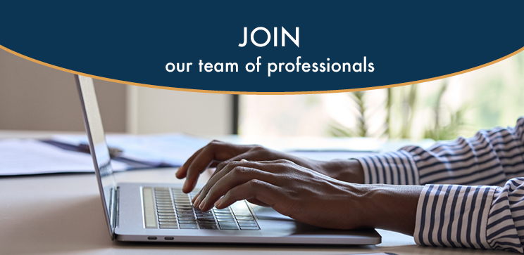 Image of a person typing on a computer with text that says "join our team of professionals"