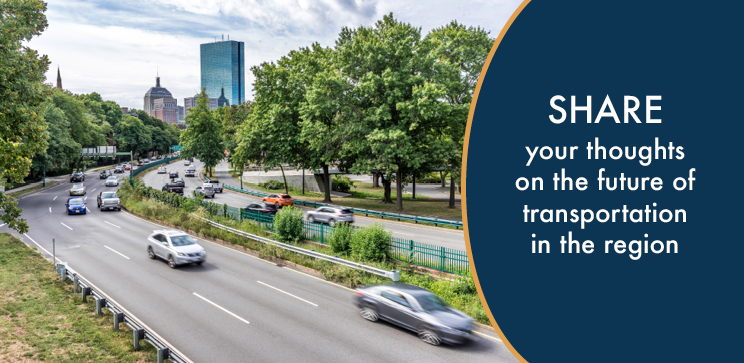 Image of the Boston skyline that says share your thoughts on the future of transportation in the region